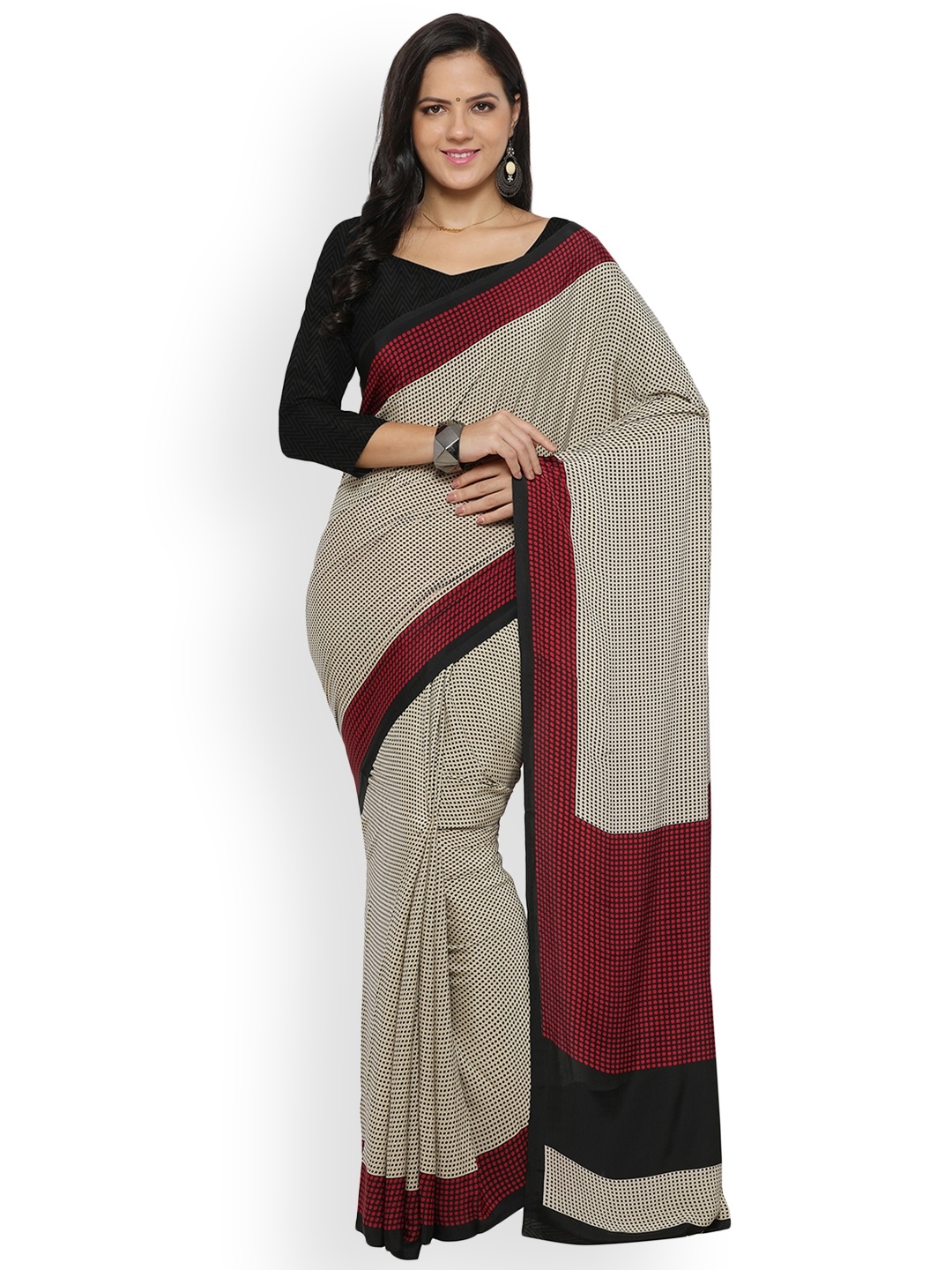 

Mitera Beige Printed Pure Crepe Saree