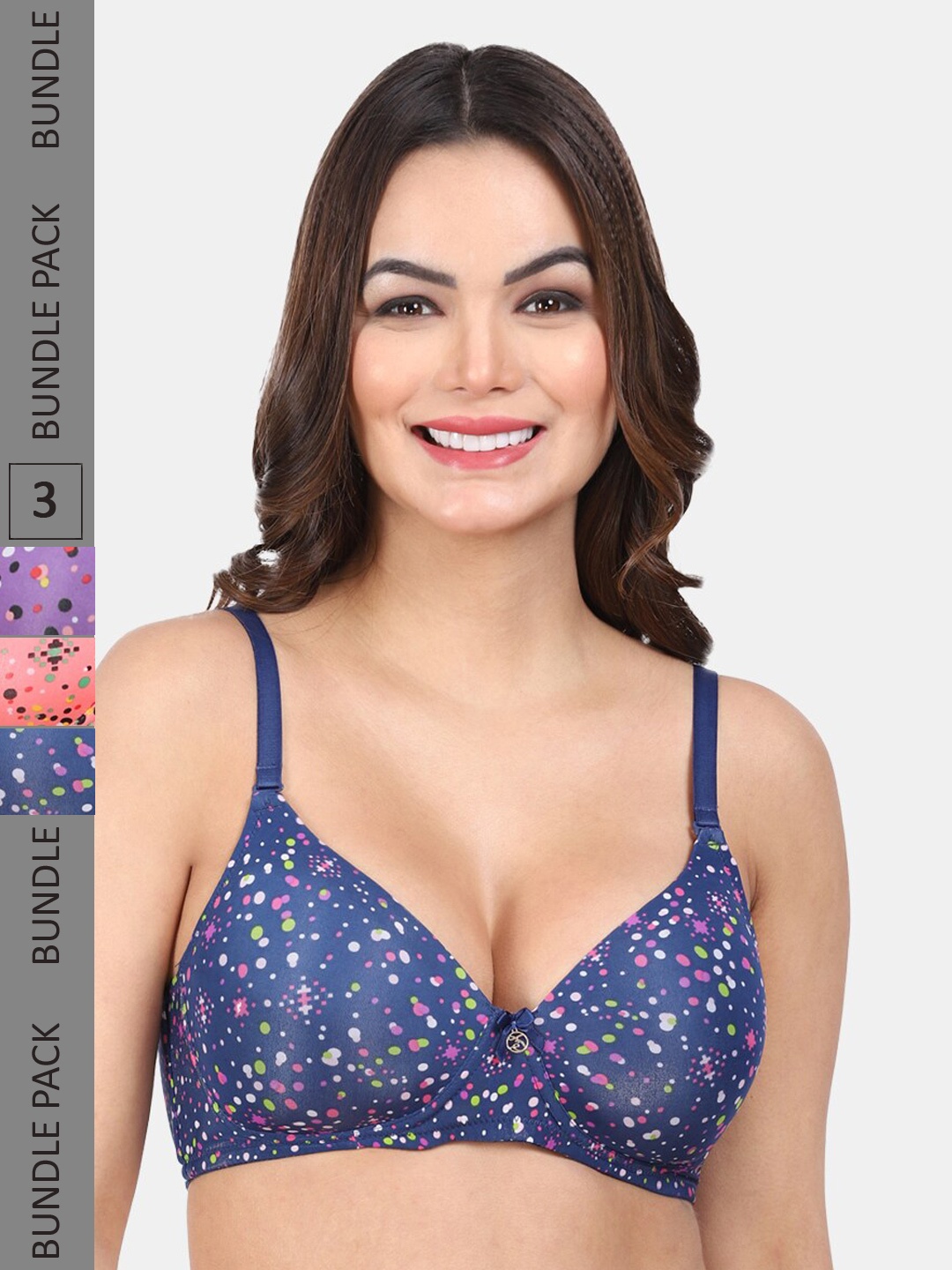 

Amour Secret Pack Of 3 Polka Dots Printed Lightly Padded Full Coverage Seamless Bra, Blue