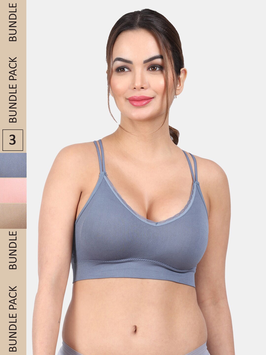 

Amour Secret Pack Of 3 Lightly Padding Non-Wired Anti Odour All Day Comfort Workout Bra, Blue