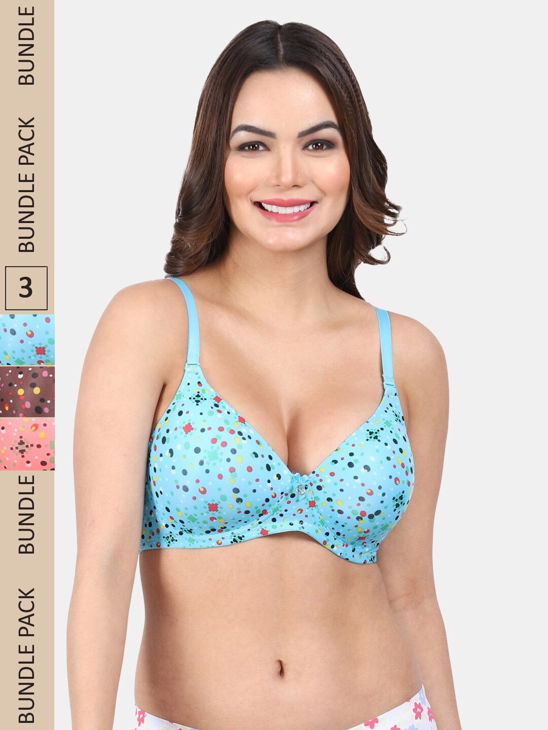 

Amour Secret Pack Of 3 Polka Dot Printed Full Coverage Lightly Padded Bra, Brown