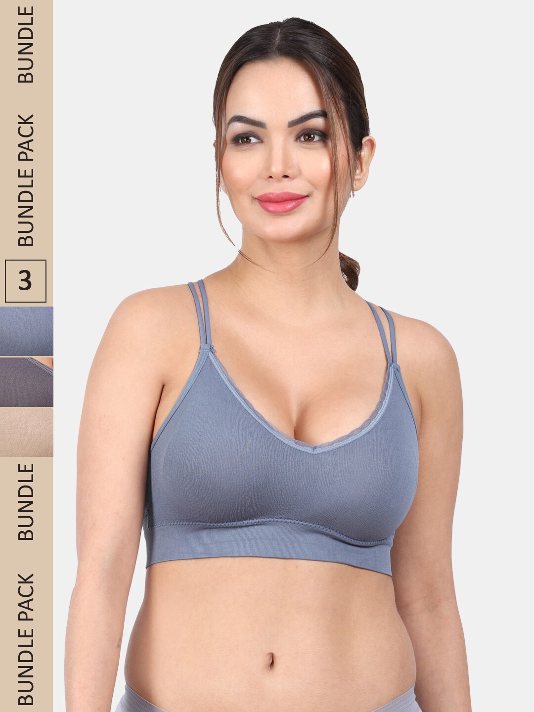 

Amour Secret Pack Of 3 Lightly Padded Styled Back Anti Odour Full Coverage Sports Bra, Blue