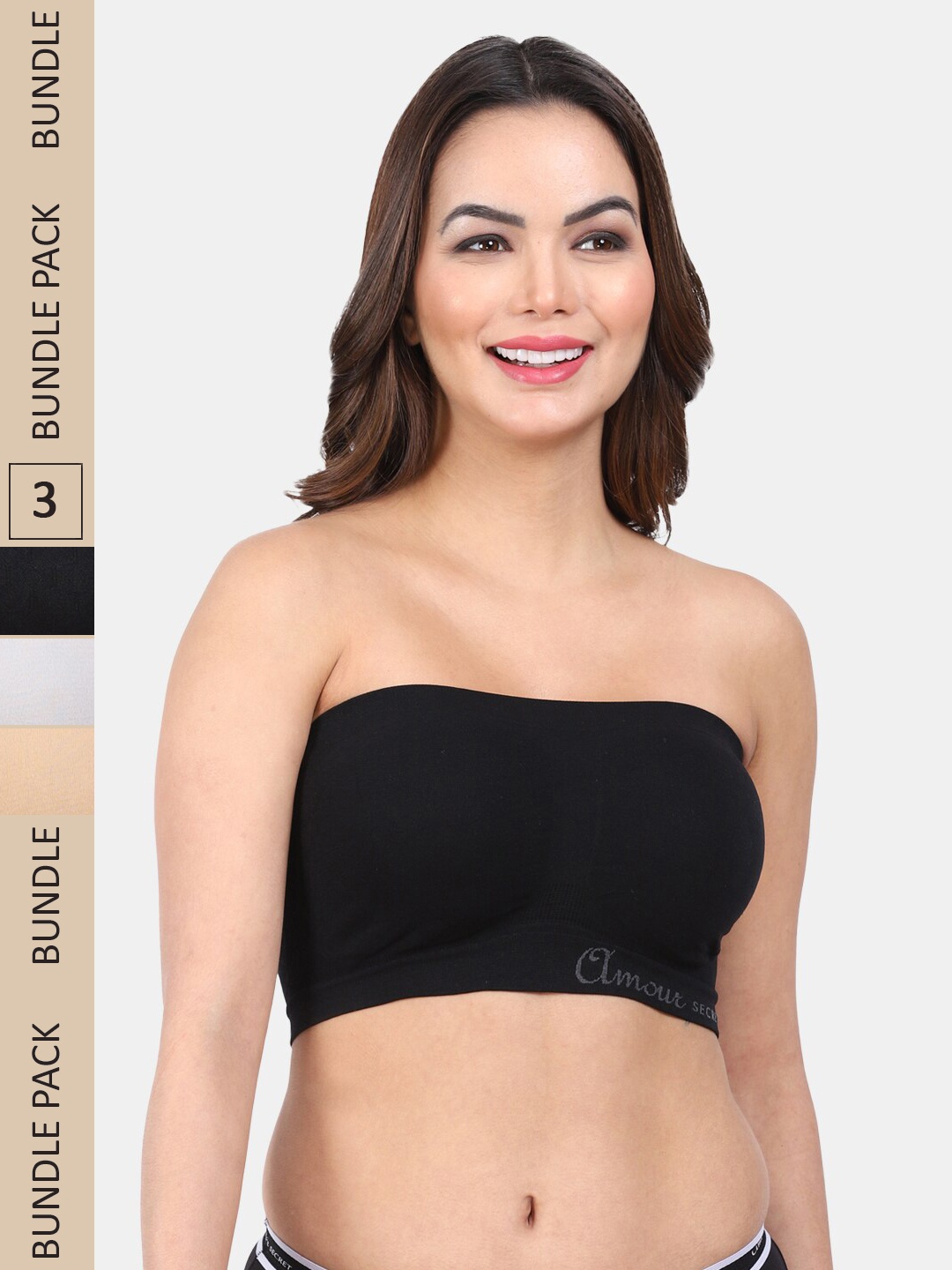 

Amour Secret Pack Of 3 Non Padded Full Coverage Seamless Bandeau Bra, Black