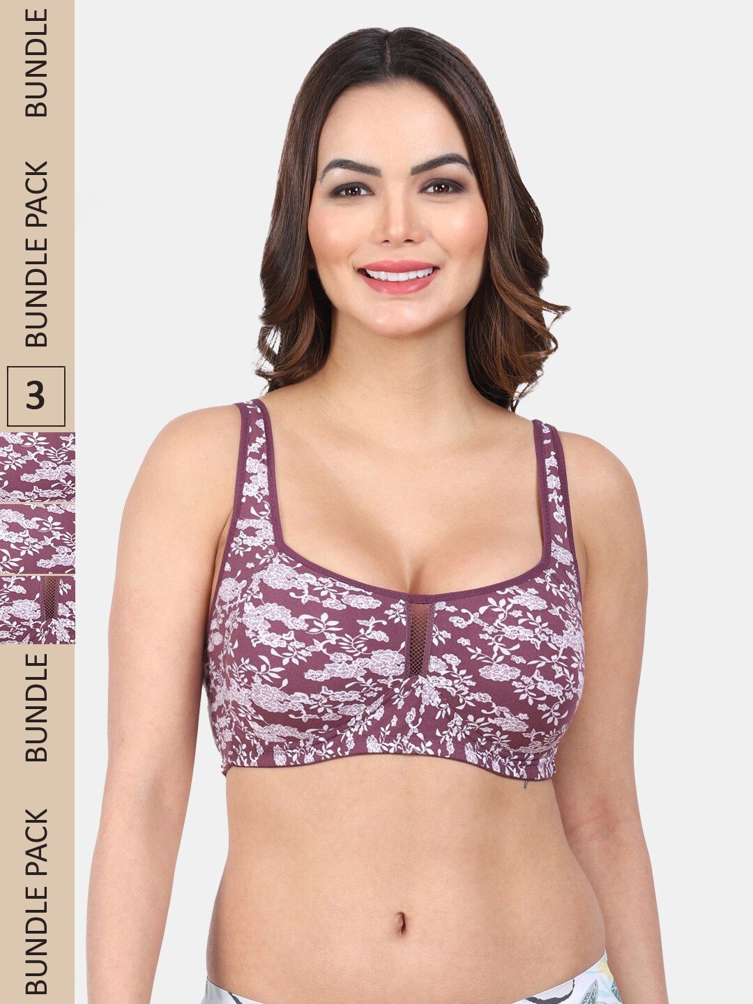 

Amour Secret Pack Of 3 Floral Printed Full Coverage Lightly Padded 360 Degree Support Bra, Burgundy
