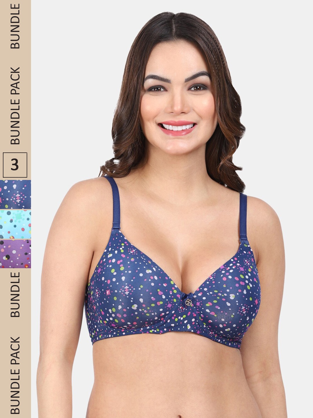 

Amour Secret Pack Of 3 Polka Dot Full Coverage Lightly Padded T-Shirt Bra, Blue