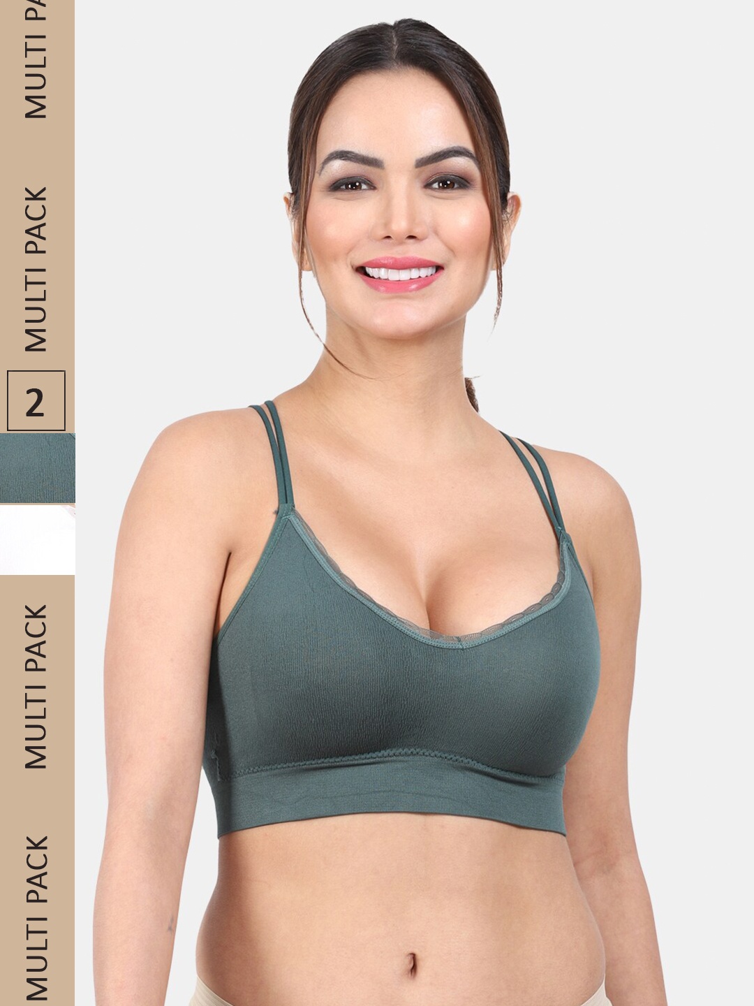 

Amour Secret Pack Of 2 Lightly Padded Styled Back Anti Odour Full Coverage Sports Bra, Green