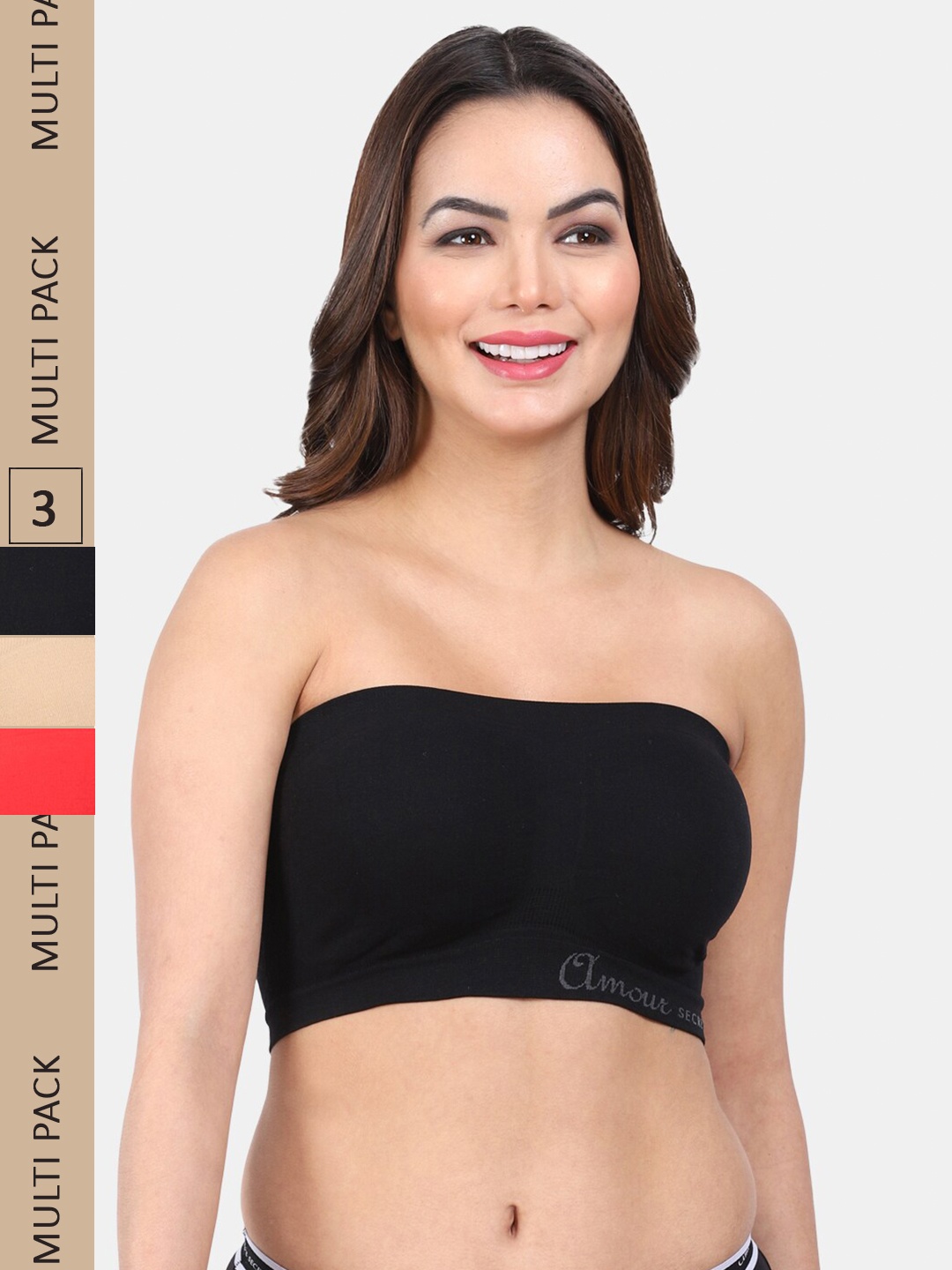 

Amour Secret Pack Of 3 Non Padded Non-Wired Full Coverage Seamless Bandeau Bra, Black