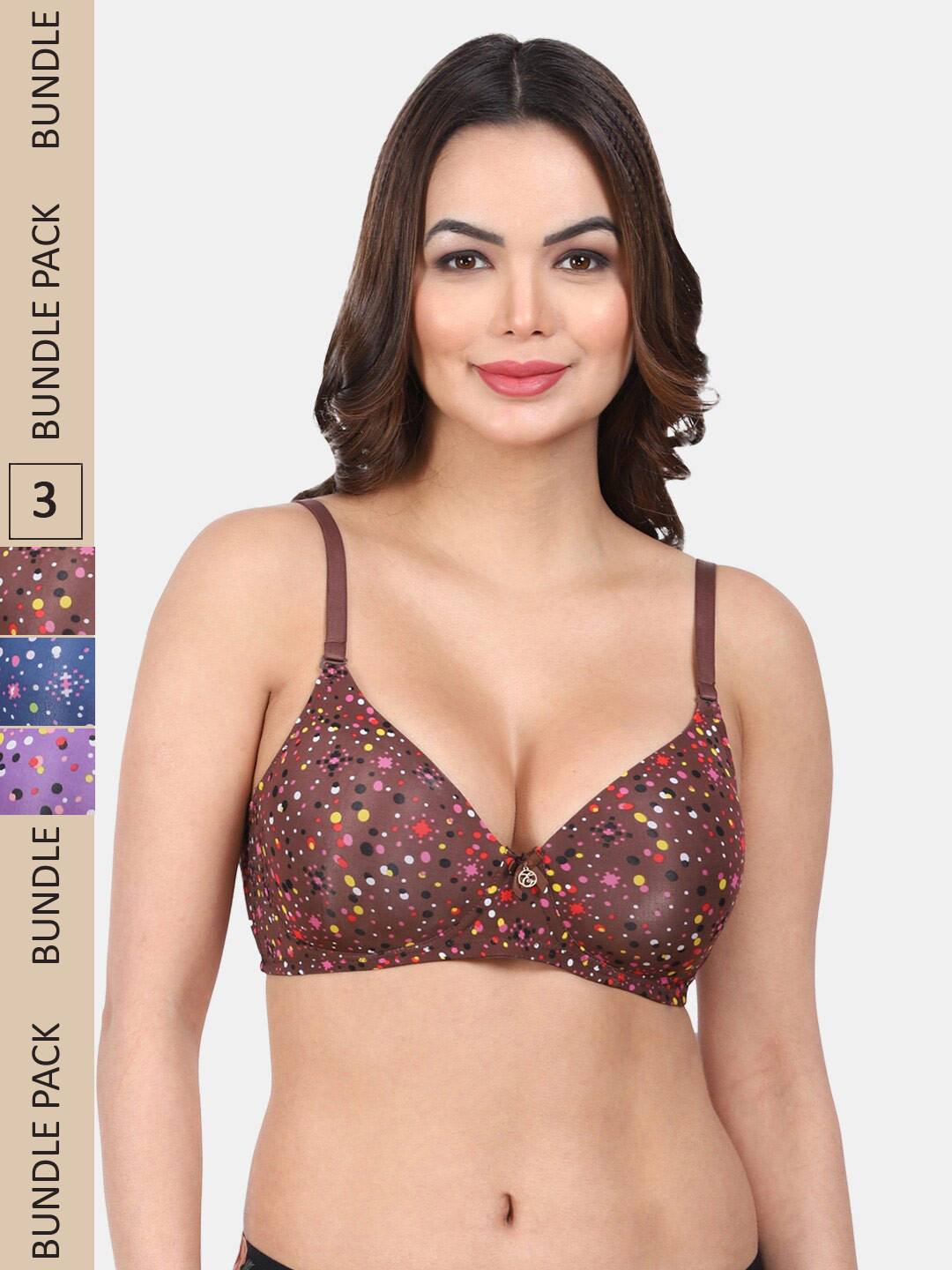 

Amour Secret Pack Of 3 Polka Dots Printed Lightly Padded Full Coverage T-Shirt Bra, Brown
