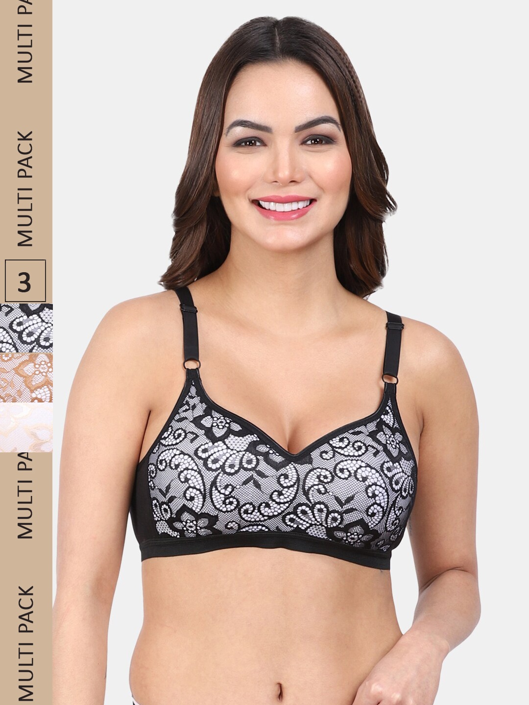 

Amour Secret Pack Of 3 Floral Full Coverage Seamless Non-Wired Lace T-shirt Bra, Black