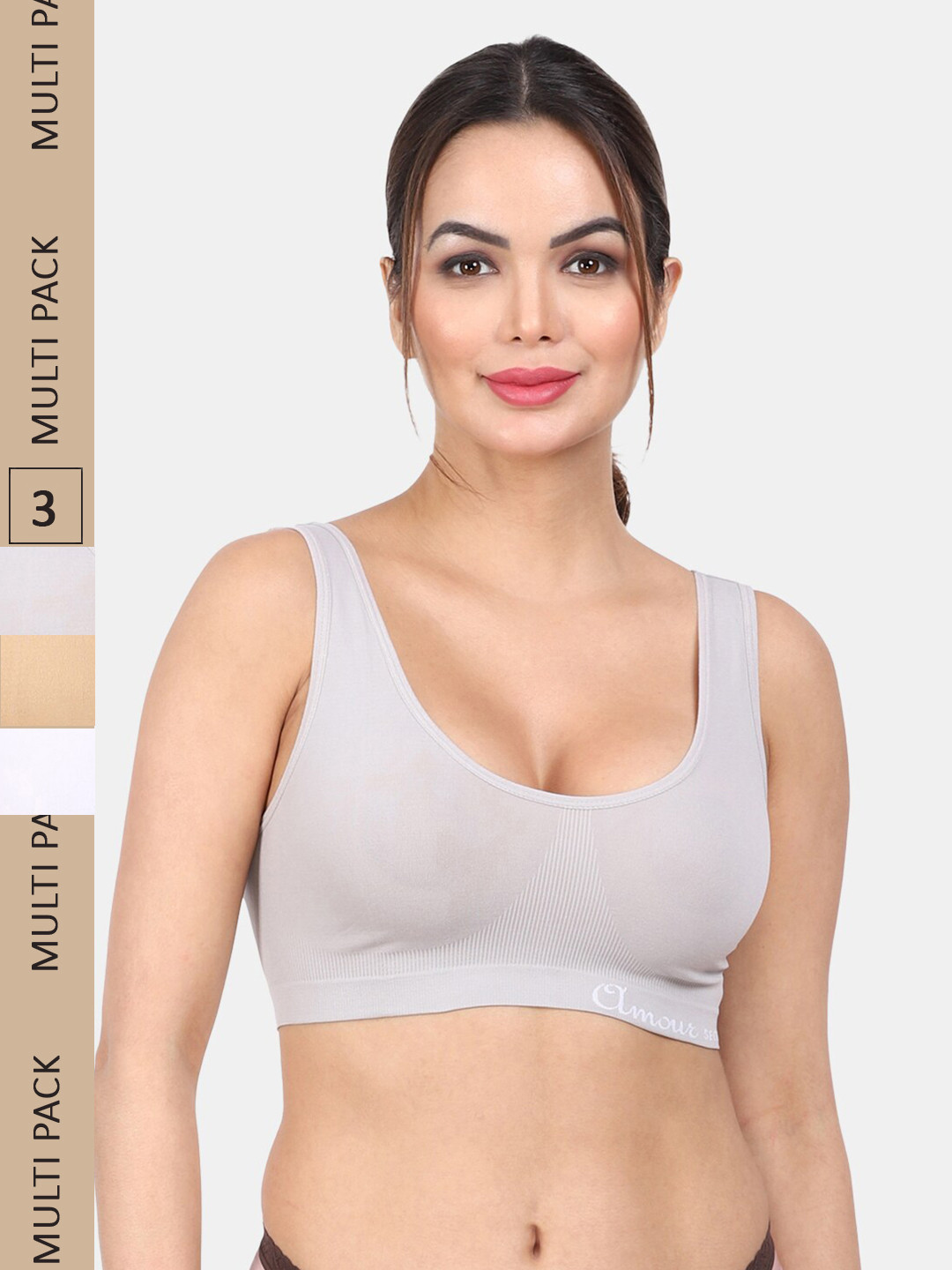 

Amour Secret Pack Of 3 Non Padded Non-Wired Full Coverage Seamless Slip-On Bra, Beige