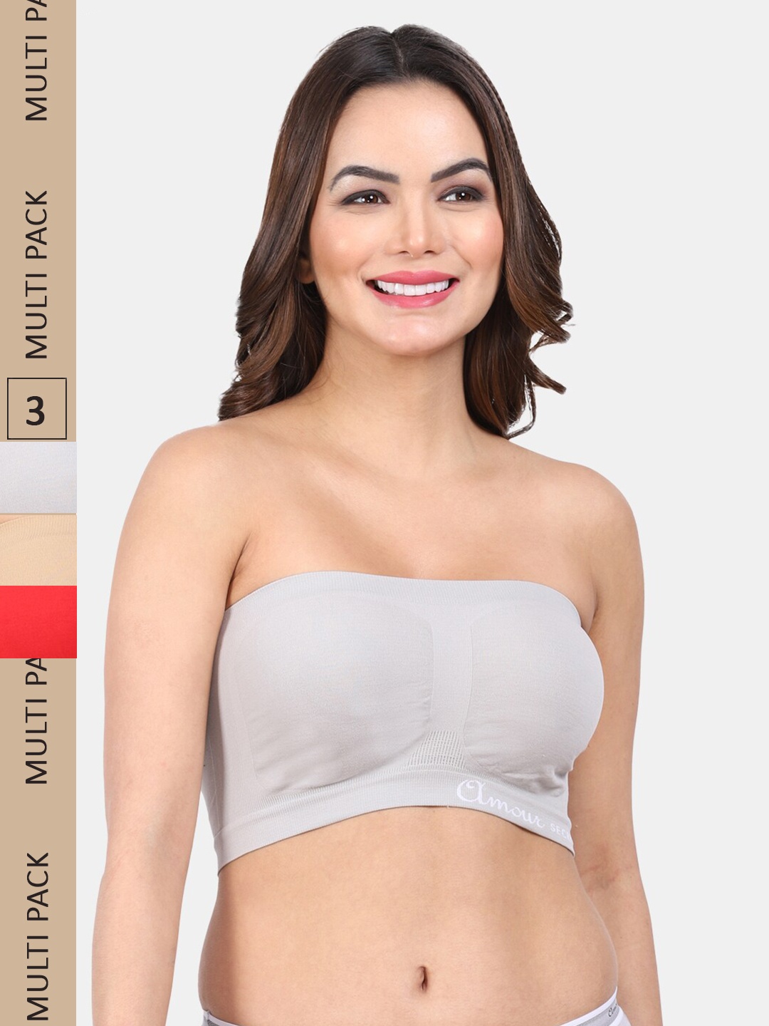 

Amour Secret Pack Of 3 Non Padded Non-Wired Full Coverage Seamless Bandeau Bra, Grey