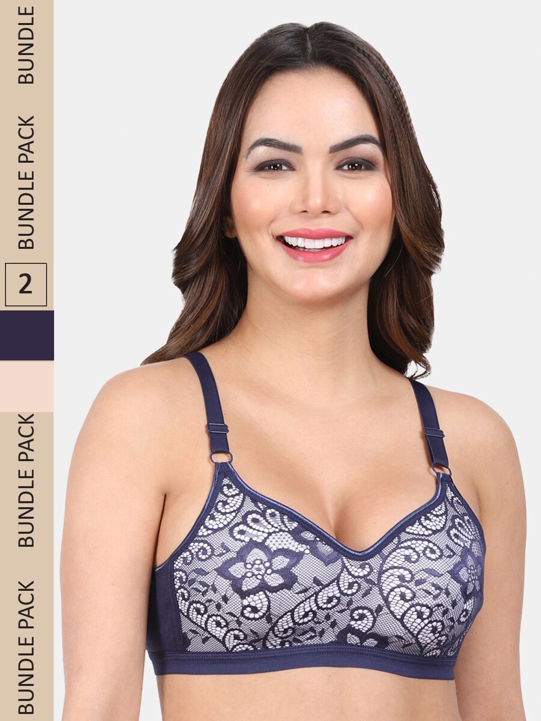 

Amour Secret Pack Of 2 Floral Full Coverage Seamless Non-Wired Lace T-shirt Bra, Navy blue