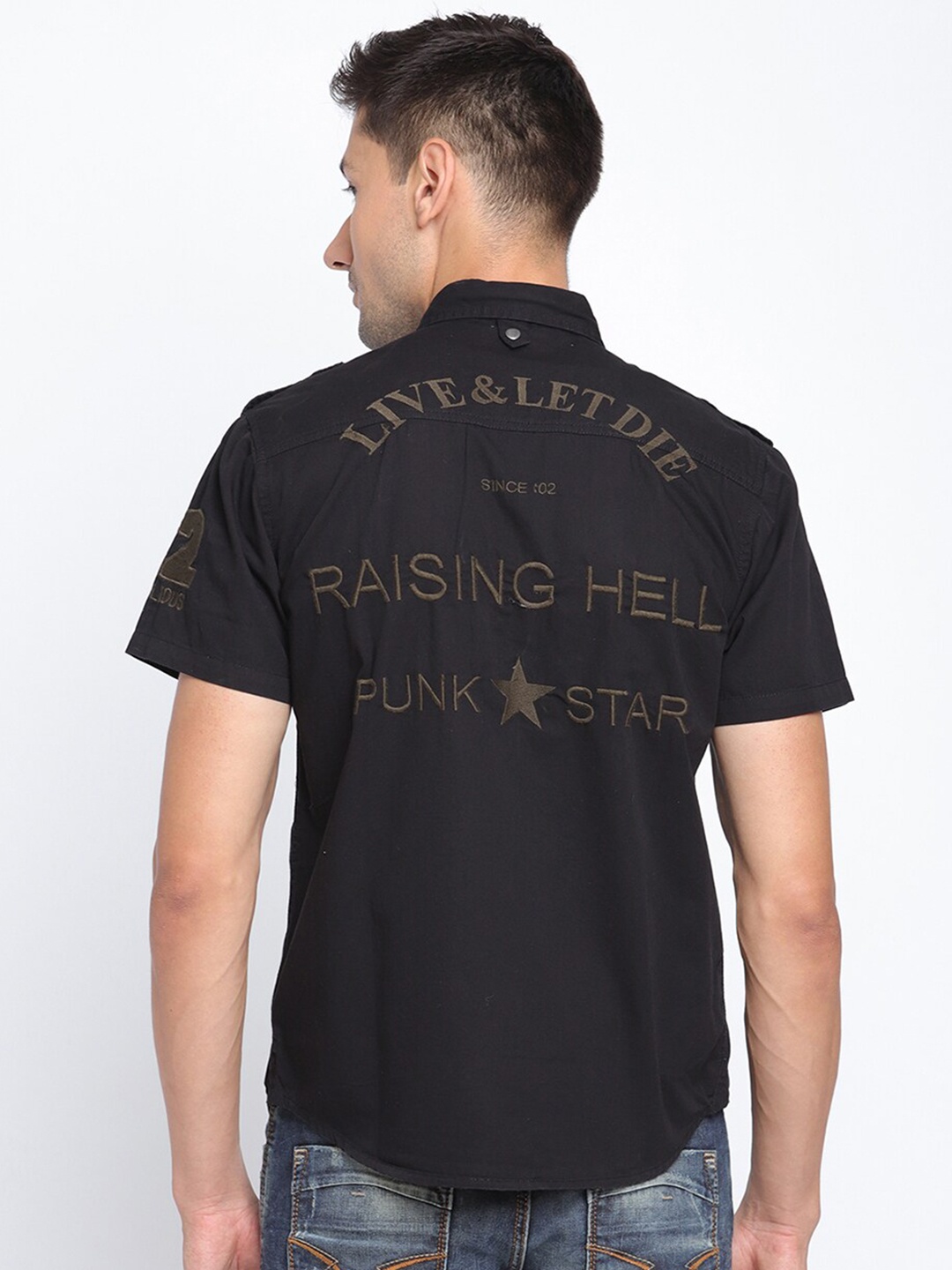 

PUNK Typography Printed Cotton Casual Shirt, Black