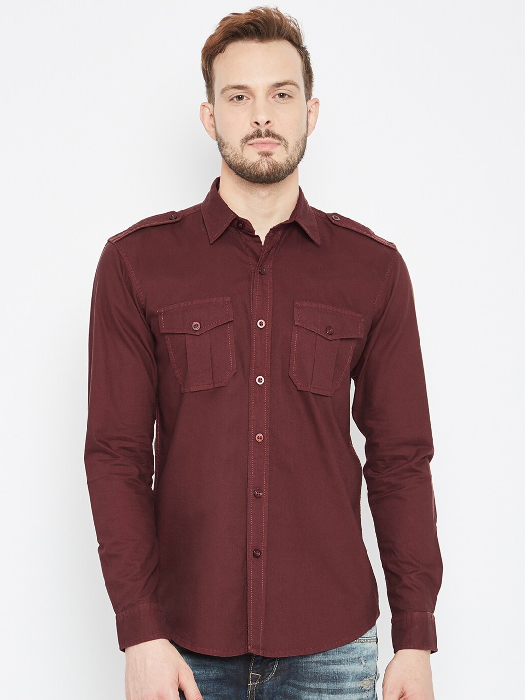 

PUNK Shoulder Tabs 2 Pockets Twill Cotton Casual Shirt, Maroon