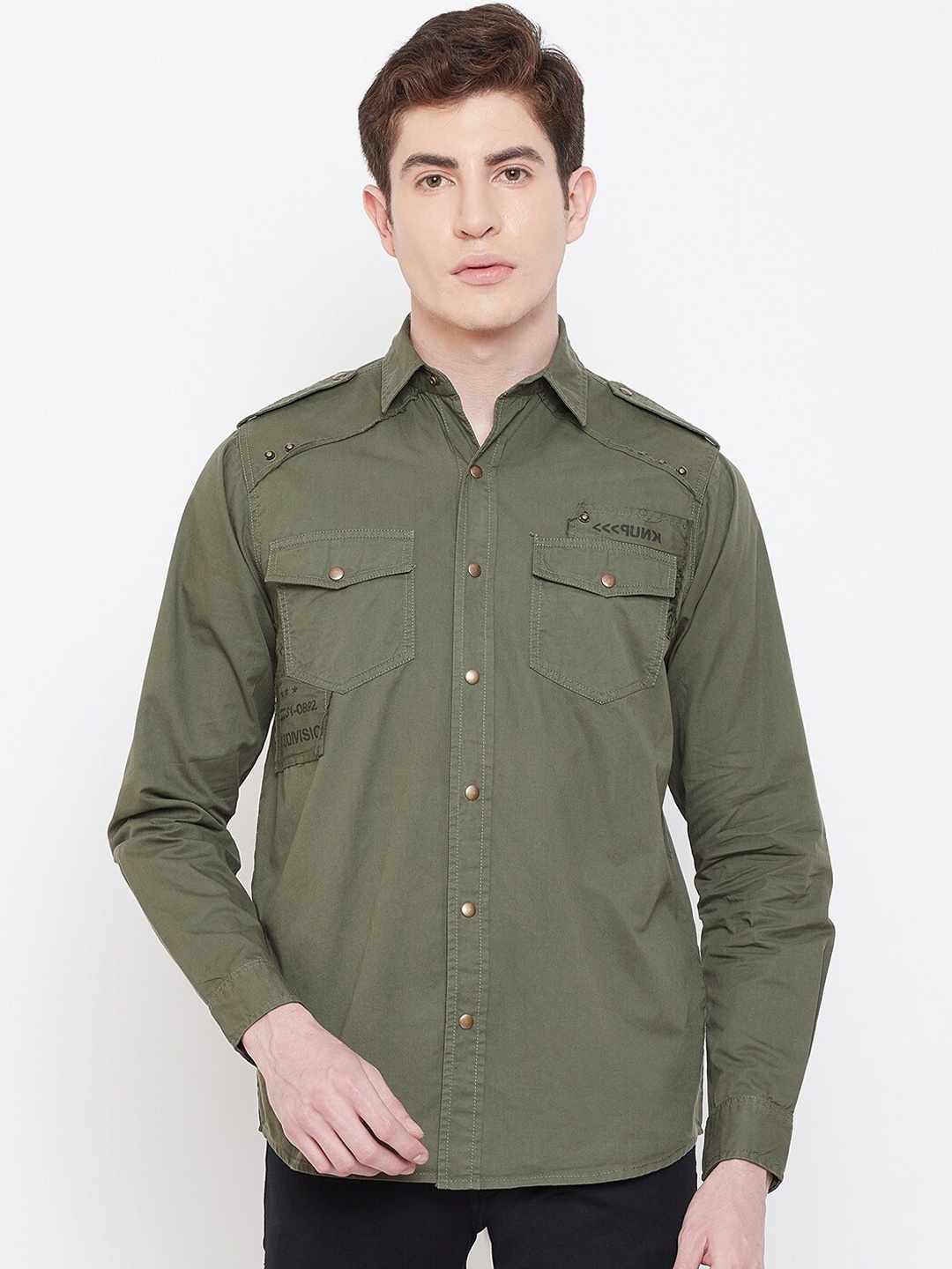 

PUNK Typography Printed Cotton Casual Shirt, Olive