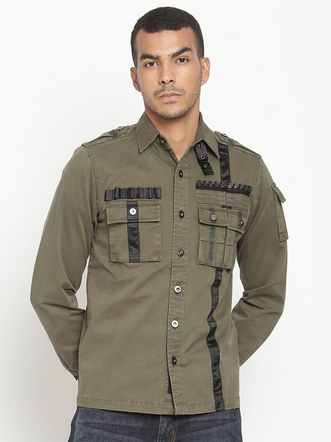 

PUNK Spread Collar Cotton Casual Shirt, Olive