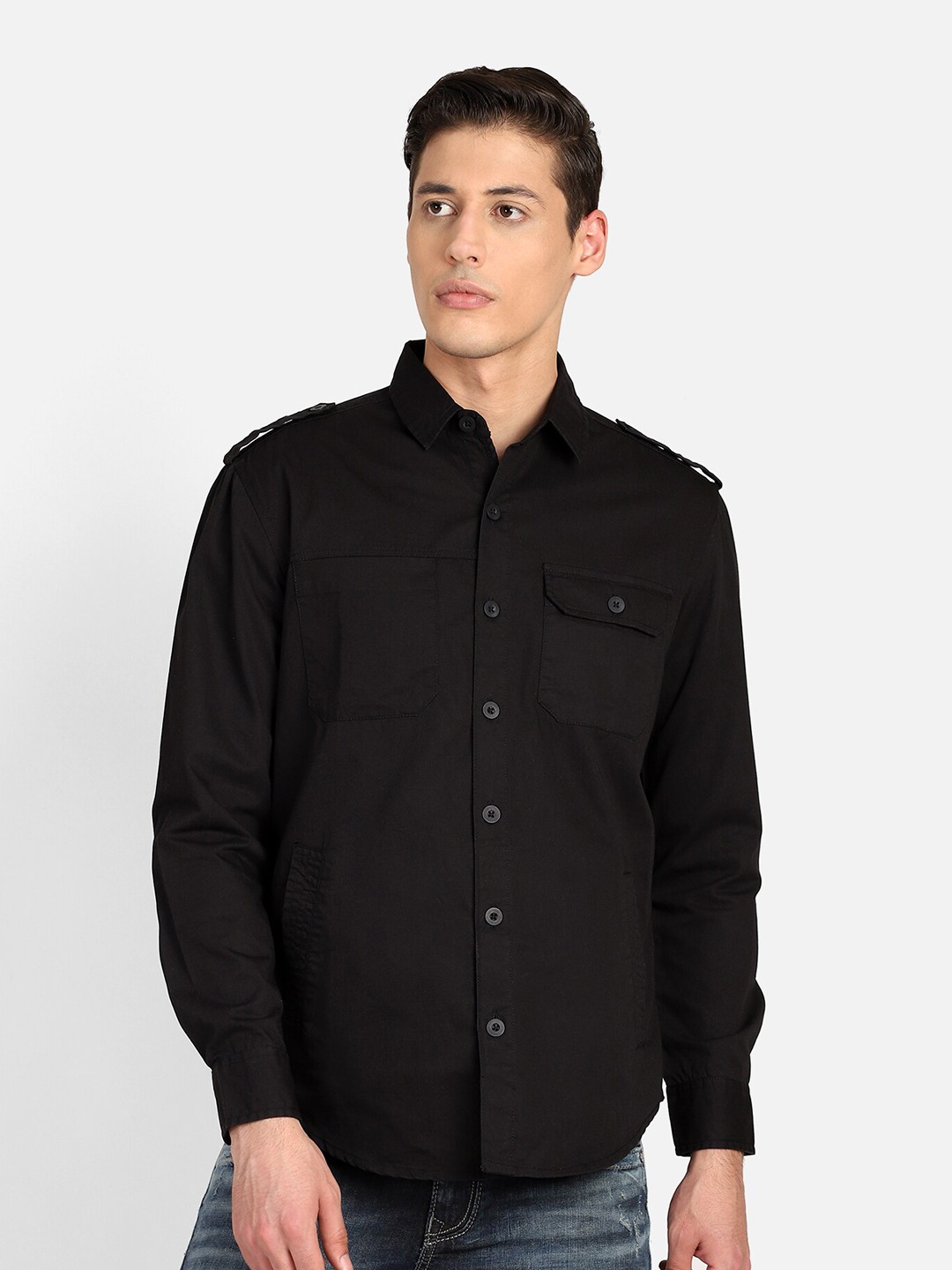 

PUNK Shoulder Tabs 2 Pockets Twill Cotton Casual Shirt, Black