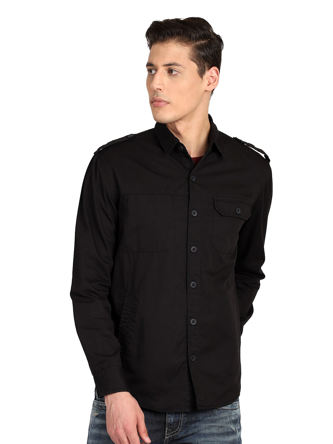 

PUNK Shoulder Tabs 2 Pockets Cotton Casual Shirt, Black