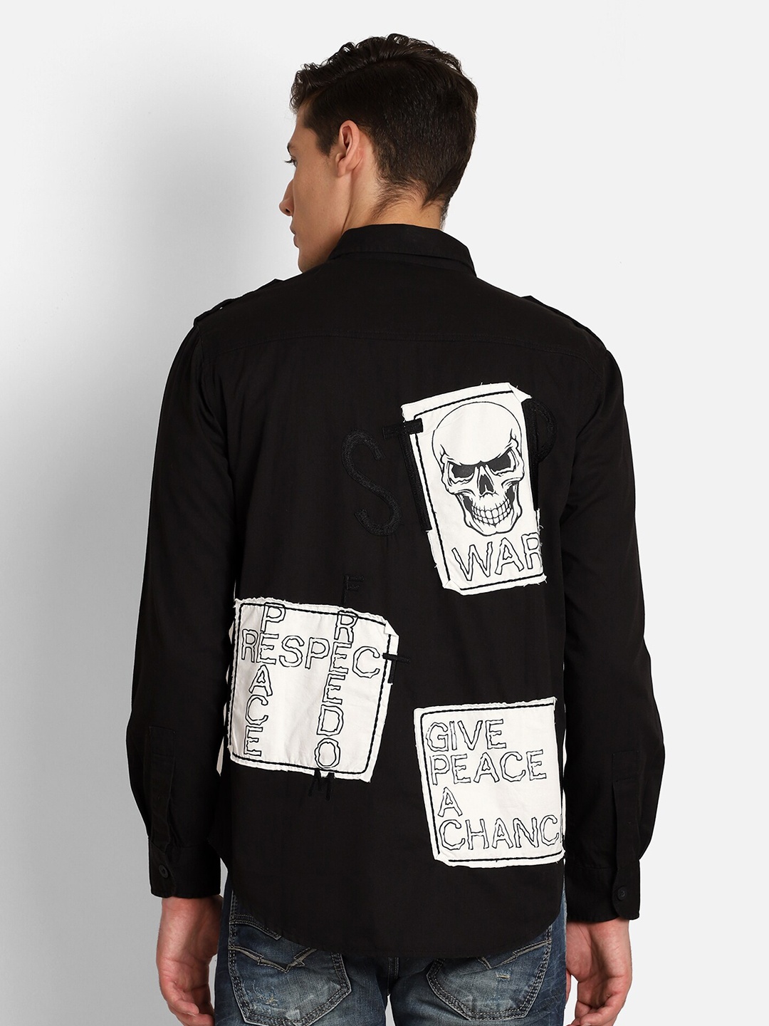 

PUNK Typography Printed Cotton Casual Shirt, Black