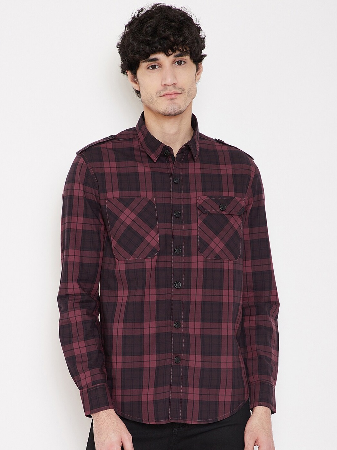 

PUNK Tartan Checked 2 Pockets Twill Cotton Casual Shirt, Maroon