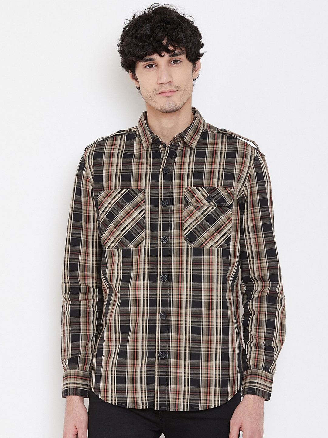 

PUNK Tartan Checked 2 Pockets Twill Cotton Casual Shirt, Khaki