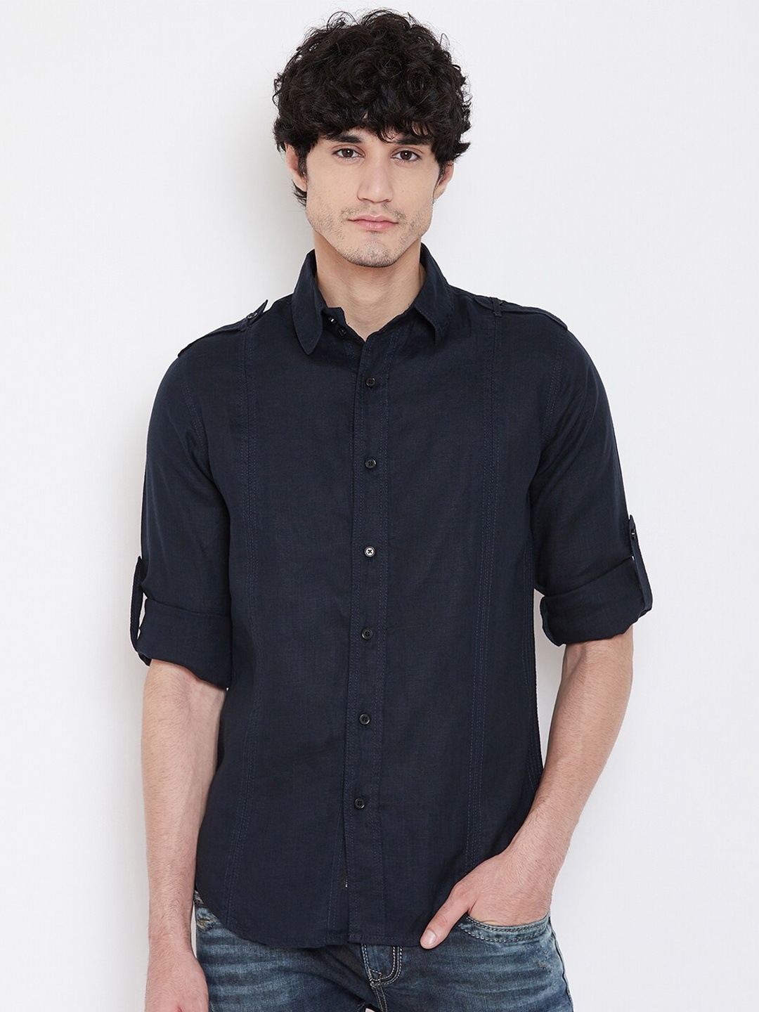 

PUNK Spread Collar Cotton Casual Shirt, Navy blue