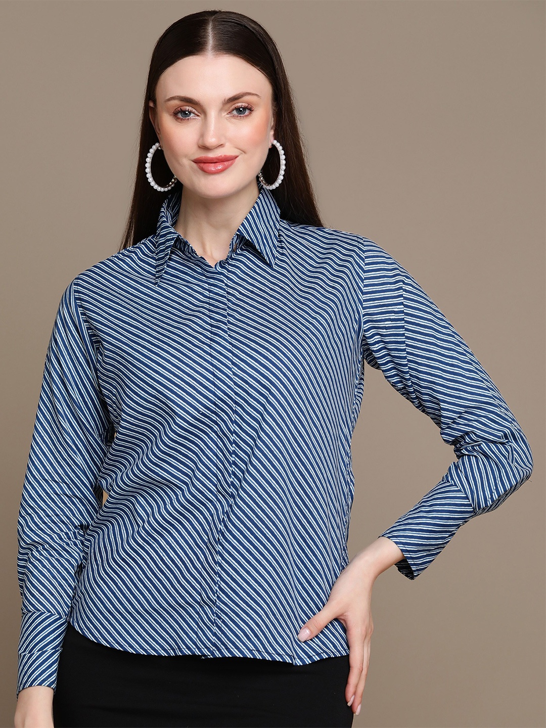 

HERE&NOW Relaxed Slim Fit Opaque Striped Party Shirt, Navy blue