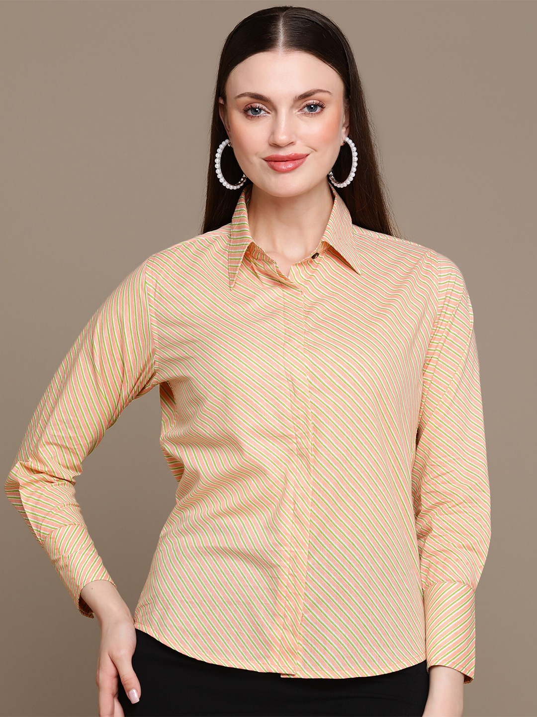 

HERE&NOW Slim Fit Opaque Striped Party Shirt, Peach