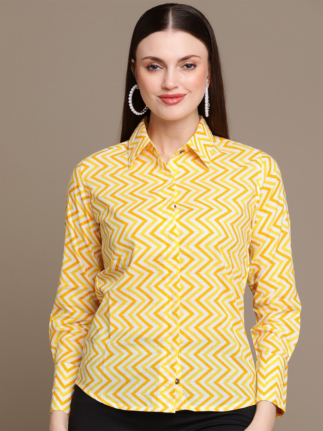 

HERE&NOW Slim Fit Opaque Chevron Printed Party Shirt, Yellow