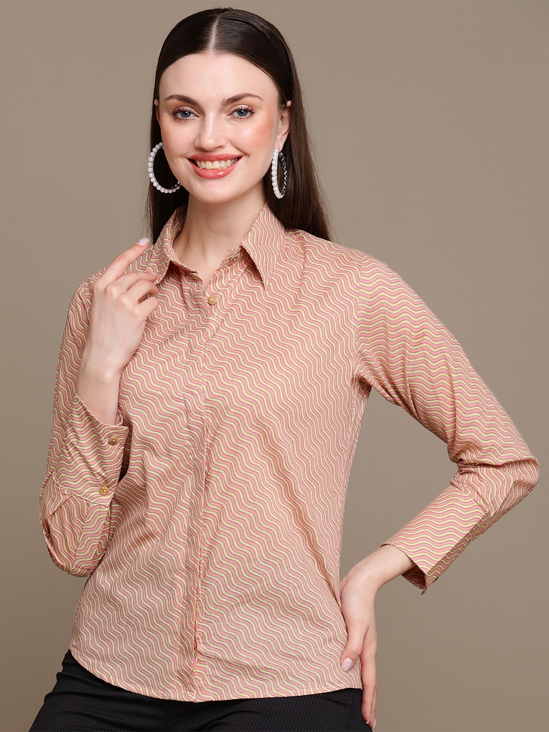 

HERE&NOW Relaxed Slim Fit Opaque Printed Cotton Party Shirt, Beige