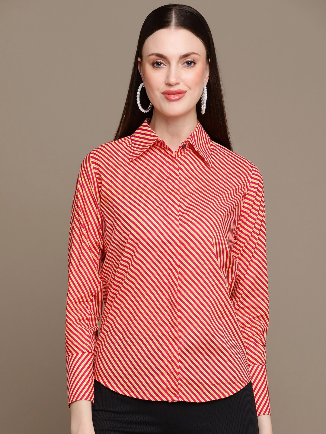 

HERE&NOW Relaxed Slim Fit Striped Cotton Casual Shirt, Pink
