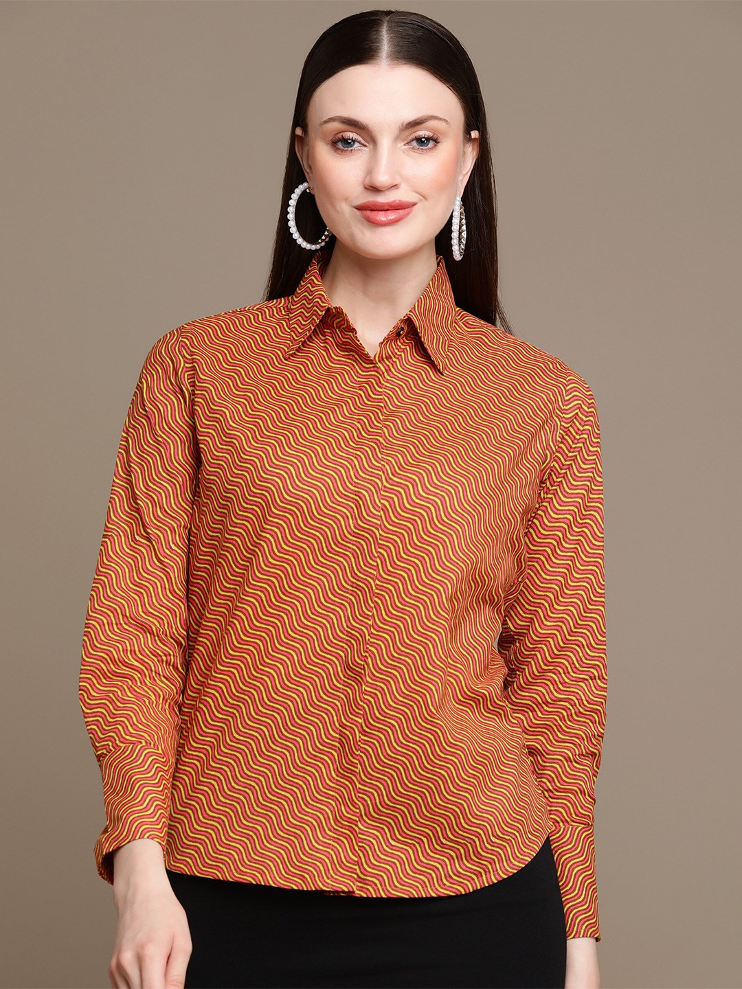 

HERE&NOW Relaxed Slim Fit Opaque Printed Party Shirt, Yellow