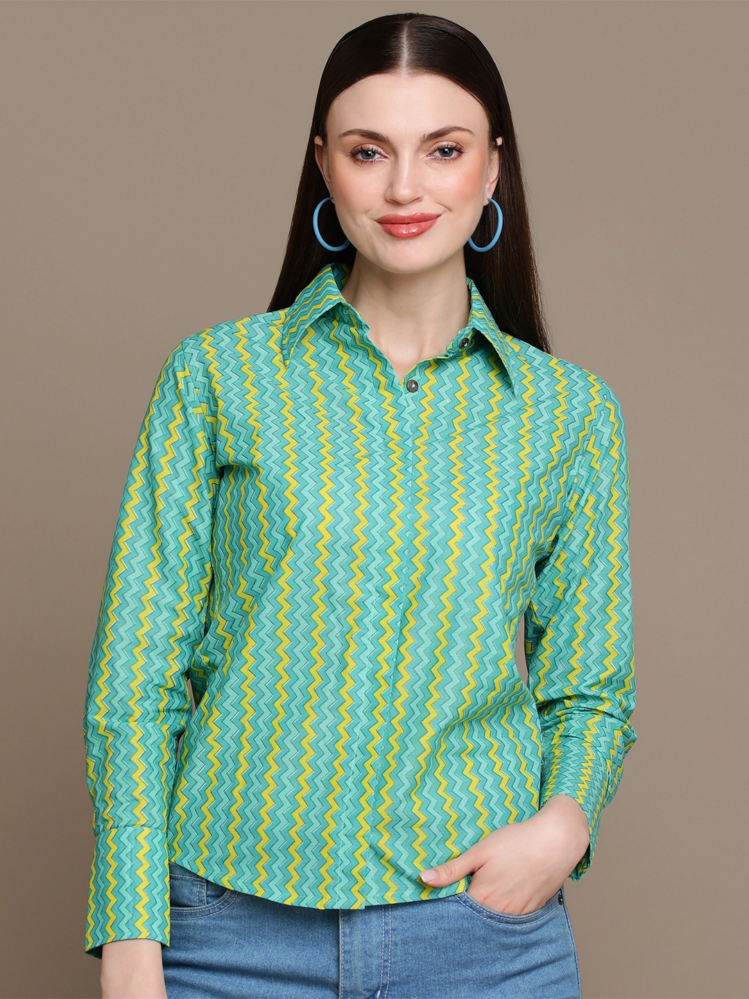 

HERE&NOW Relaxed Slim Fit Opaque Chevron Printed Party Shirt, Yellow