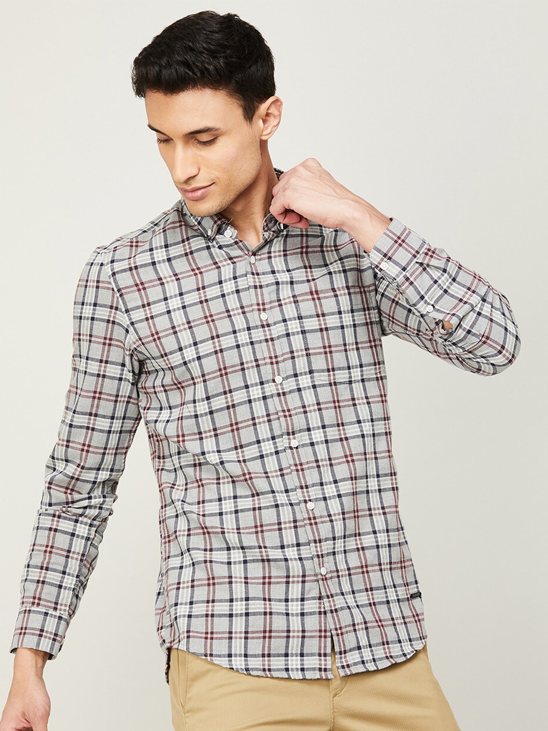 

Bossini Tartan Checked Spread Collar Cotton Casual Shirt, Grey