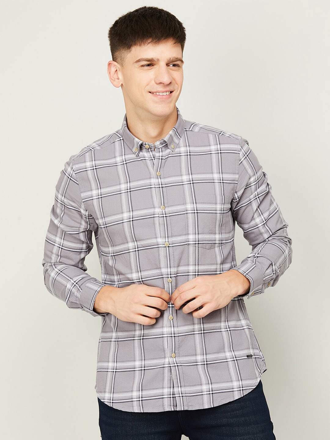 

Bossini Windowpane Checked Button-Down Collar Casual Cotton Shirt, Grey