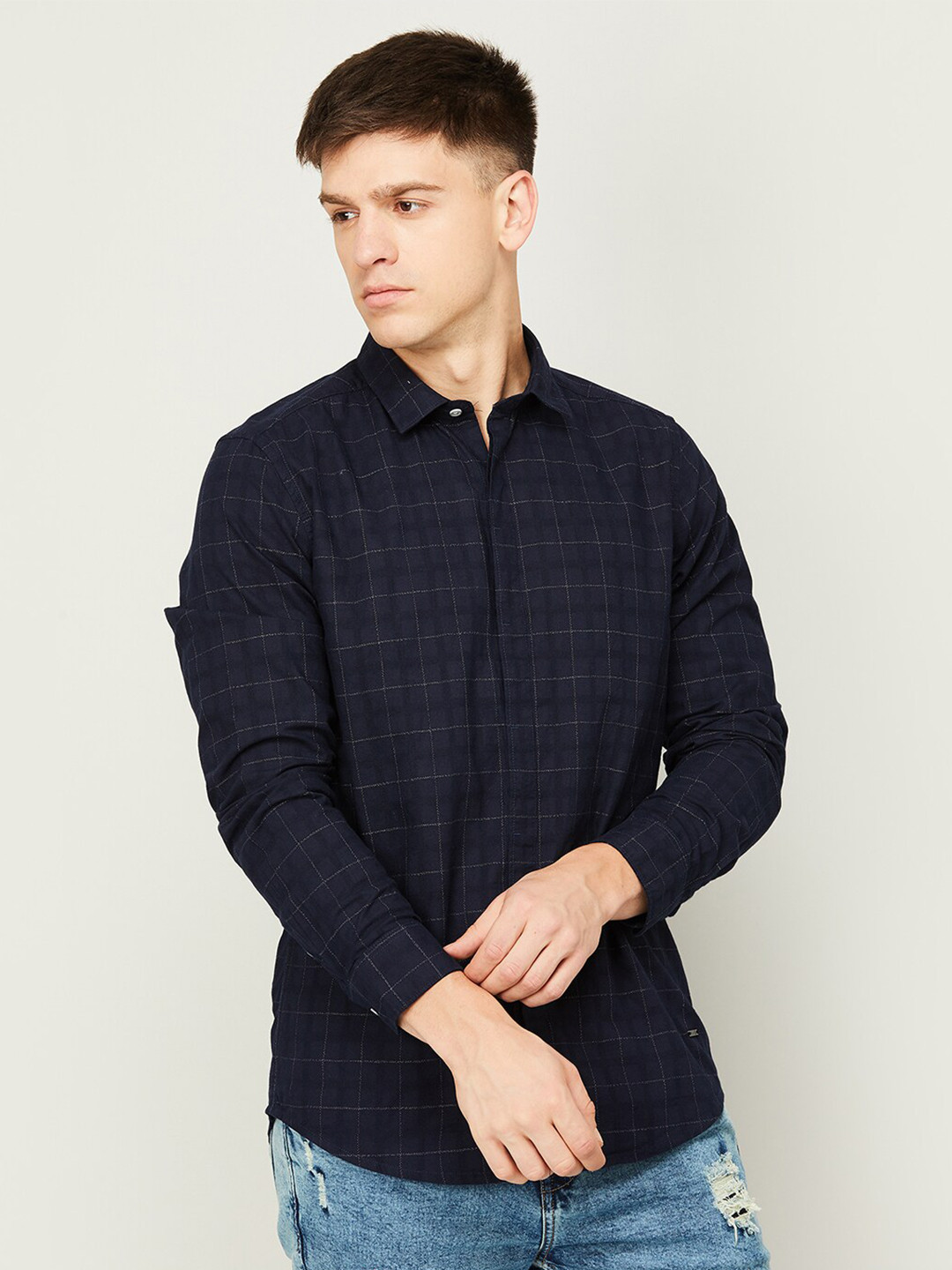 

Bossini Tartan Checked Cotton Slim Fit Casual Shirt, Navy blue