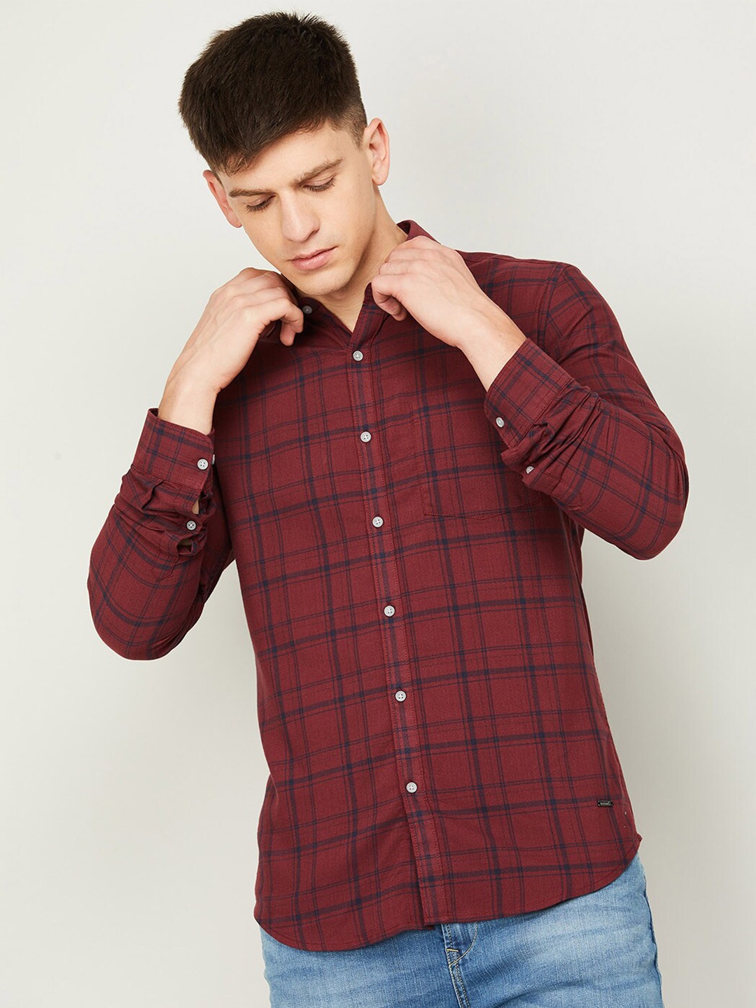 

Bossini Tartan Checked Cotton Slim Fit Casual Shirt, Maroon