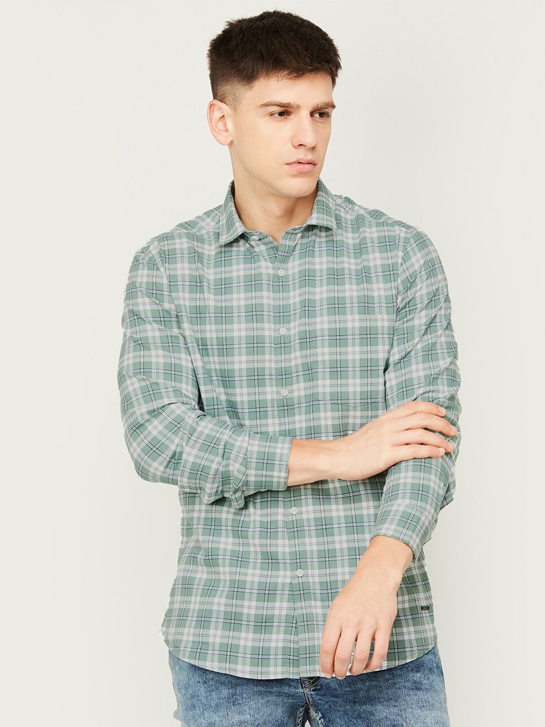 

Bossini Tartan Checked Cotton Slim Fit Casual Shirt, Green