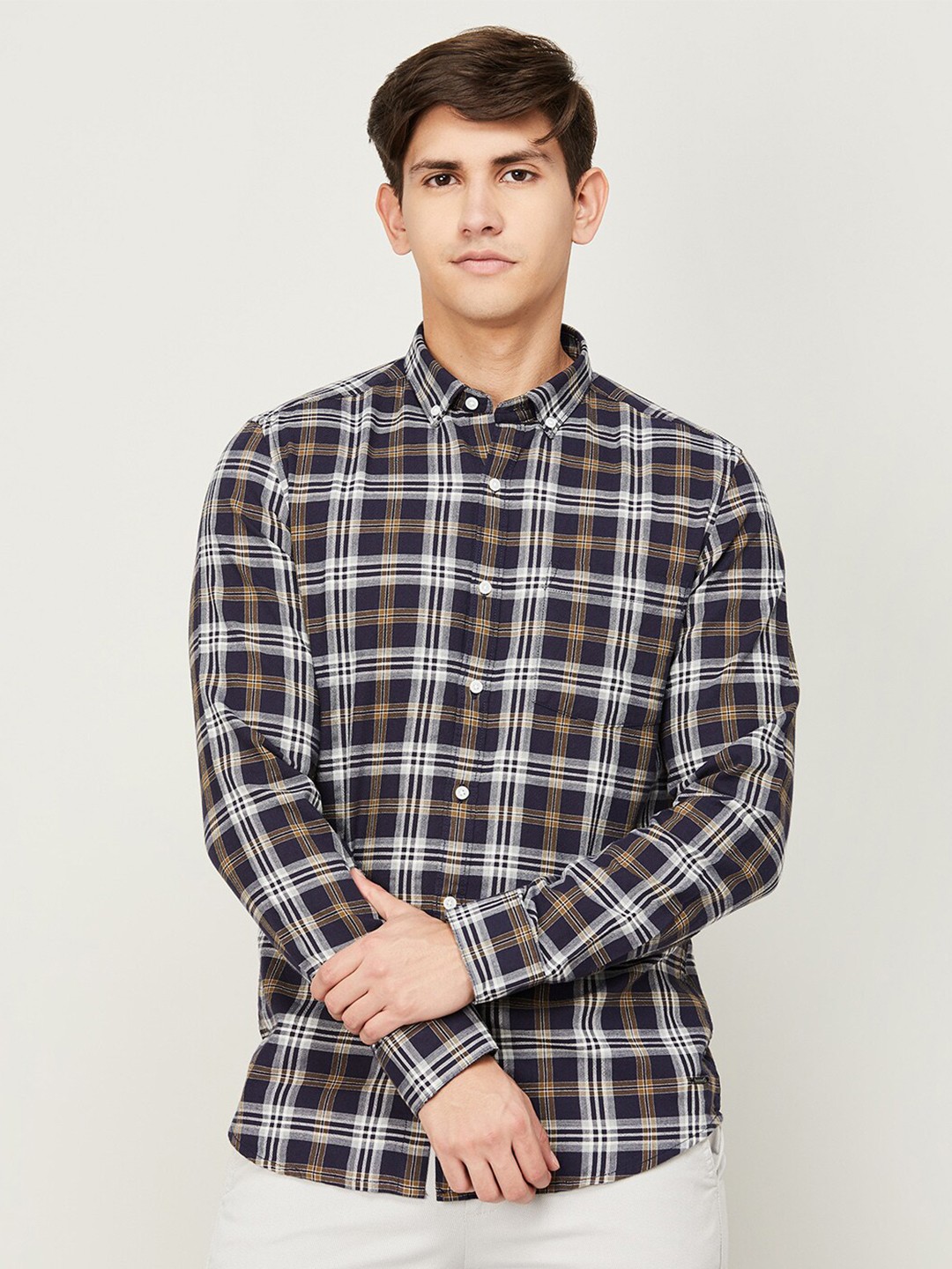 

Bossini Tartan Checked Button-Down Collar Cotton Slim Fit Casual Shirt, Navy blue