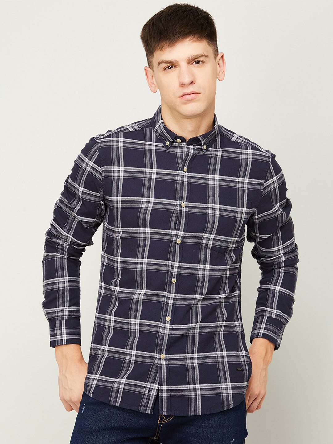 

Bossini Windowpane Checked Button-Down Collar Casual Cotton Shirt, Navy blue