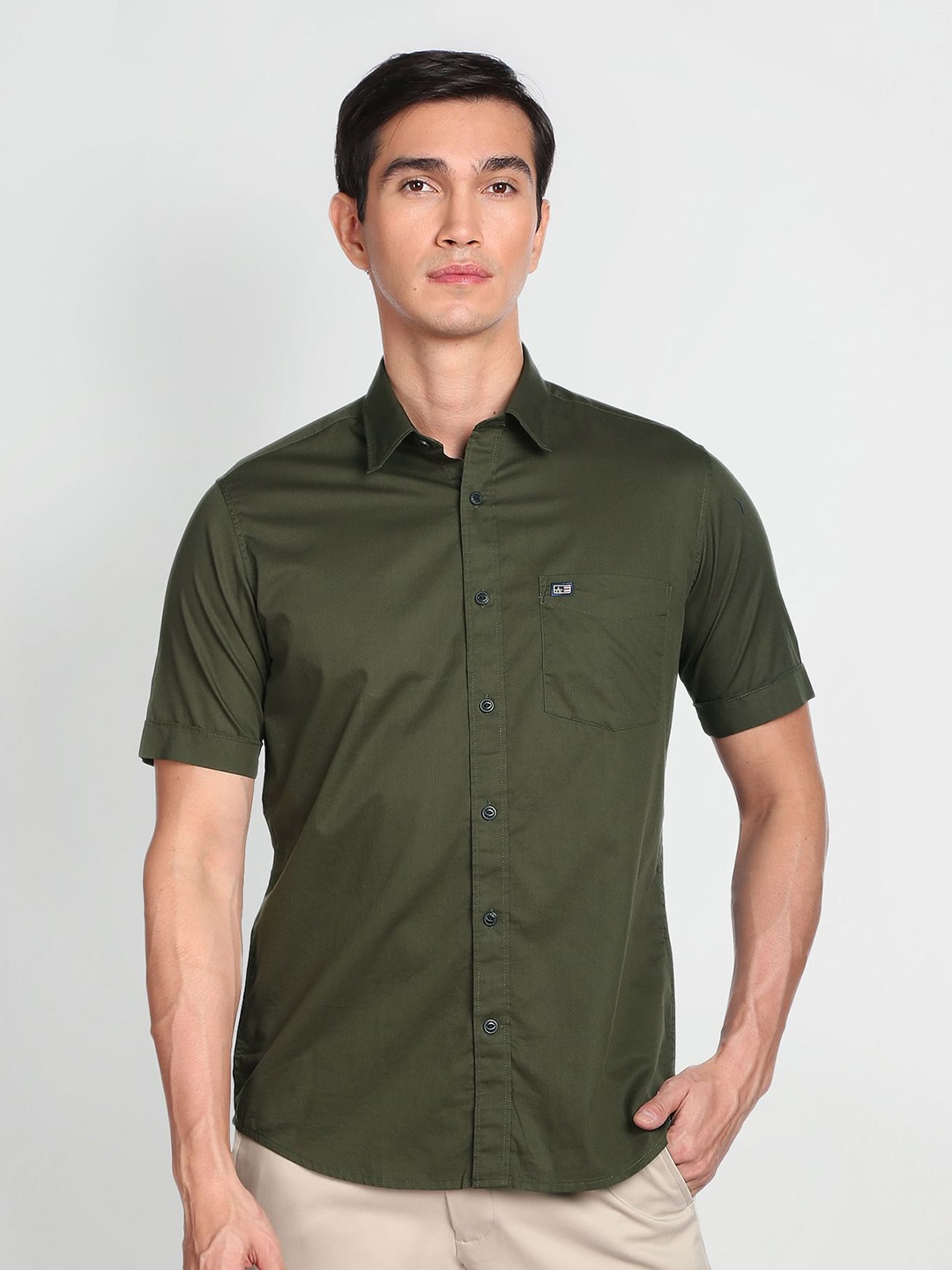 

Arrow Sport Spread Collar Short Sleeves Pure Cotton Casual Shirt, Olive