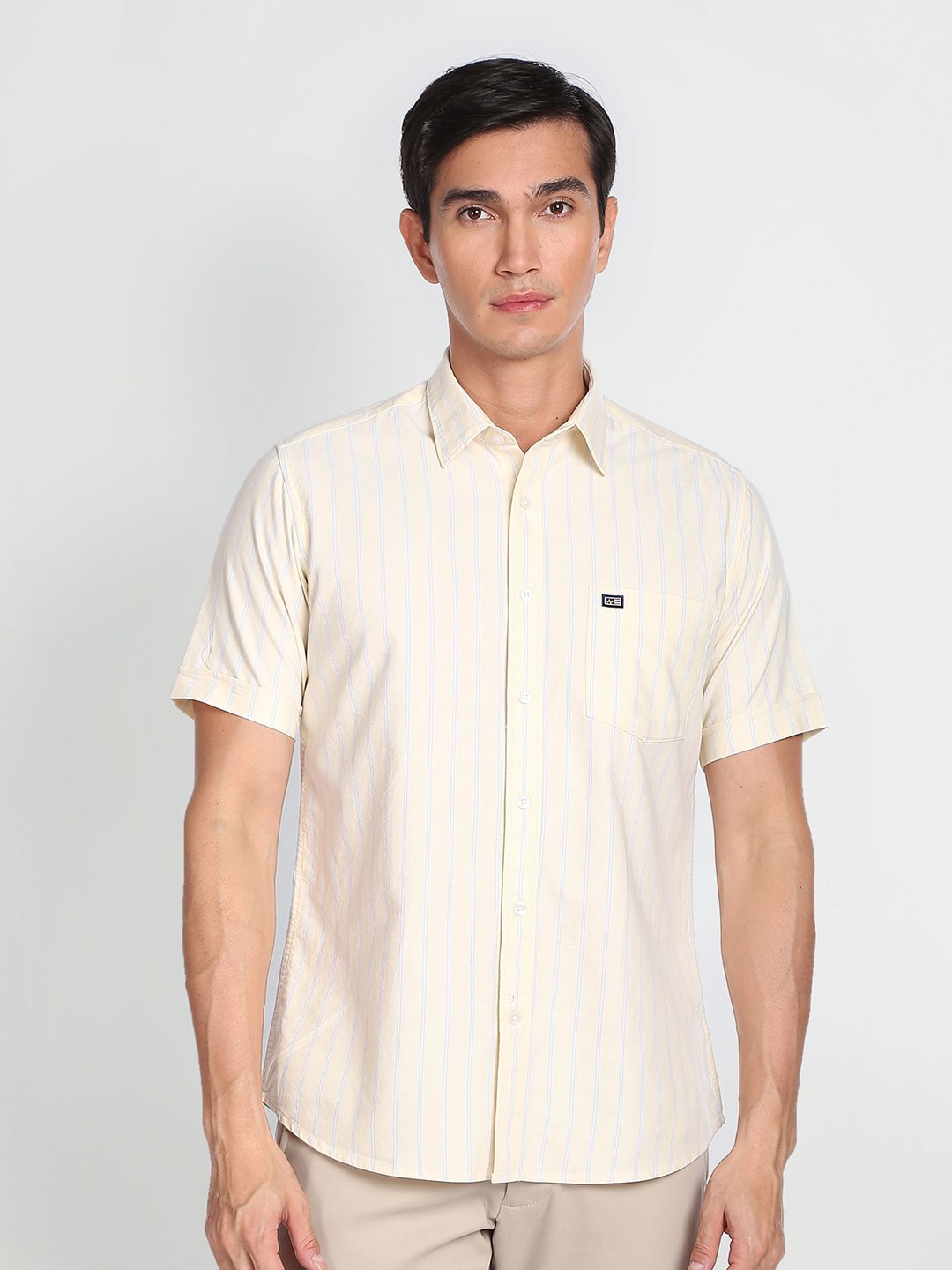 

Arrow Sport Vertical Striped Spread Collar Pure Cotton Casual Shirt, Yellow