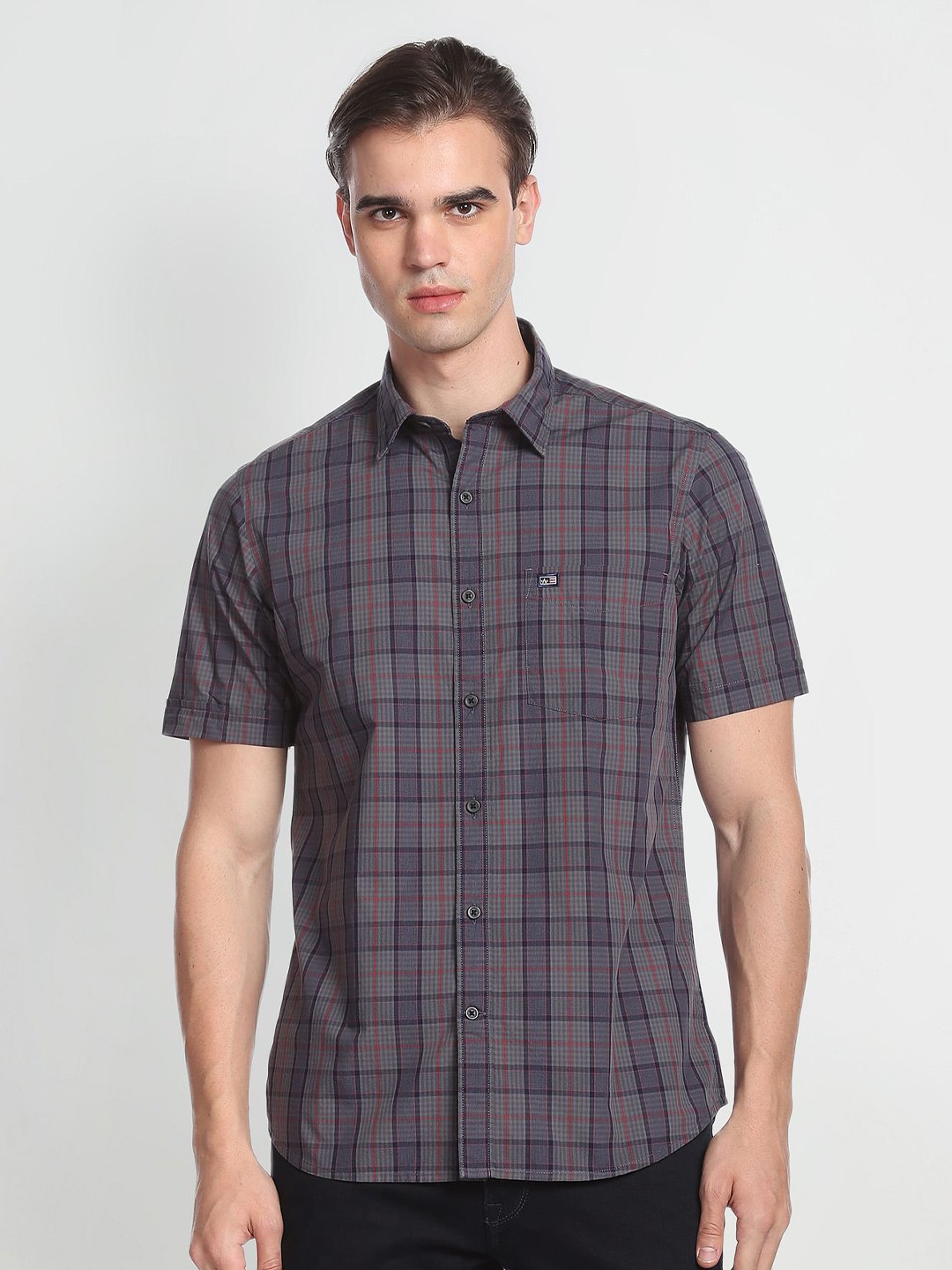 

Arrow Sport Tartan Checked Cutaway Collar Pure Cotton Formal Shirt, Grey