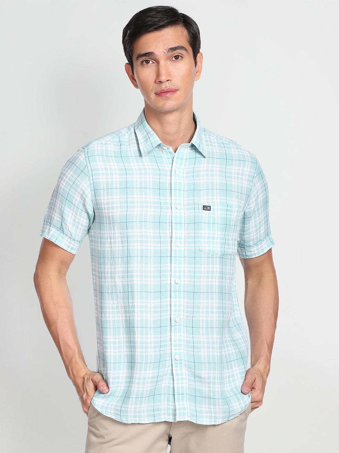 

Arrow Sport Grid Tattersall Checked Linen Casual Shirt, Blue