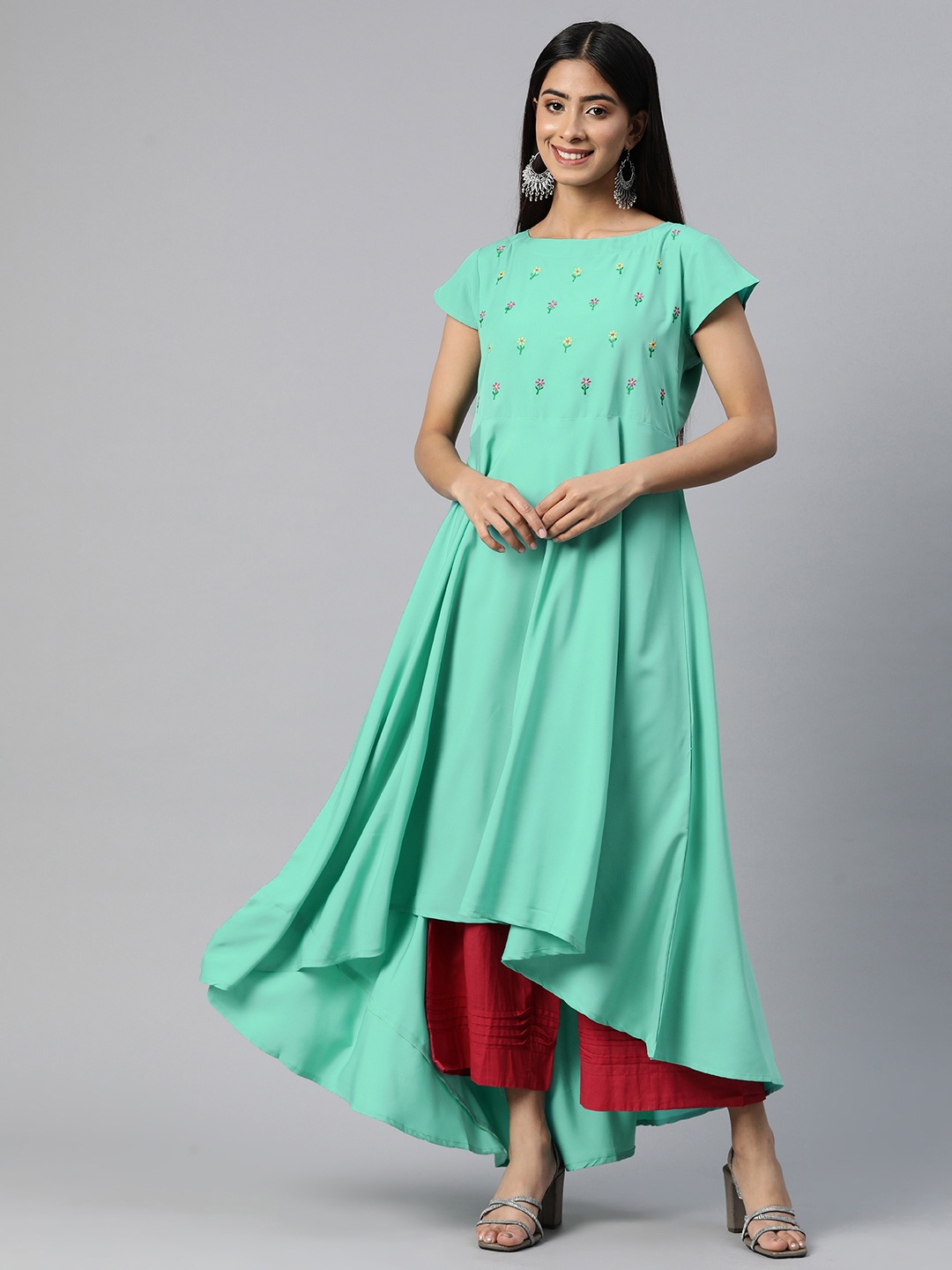 

MBE Floral Yoke Design Thread Work Floral Crepe Anarkali Kurta, Sea green