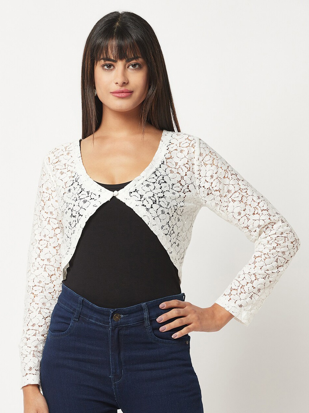 

Espresso Women Floral Lace Crop Cardigan Shrug, Off white