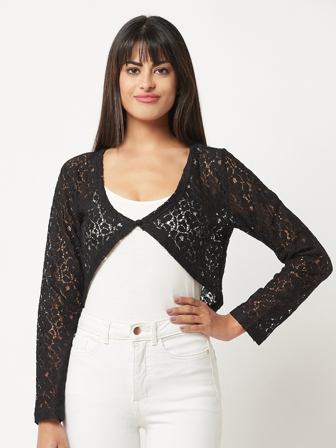 

Espresso Women Crop Sheer Button Shrug, Black