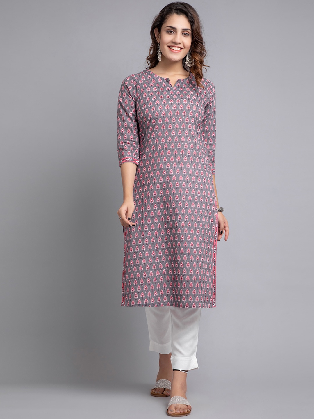

SUTI Ethnic Motifs Printed Notched Neck Cotton Kurta, Grey