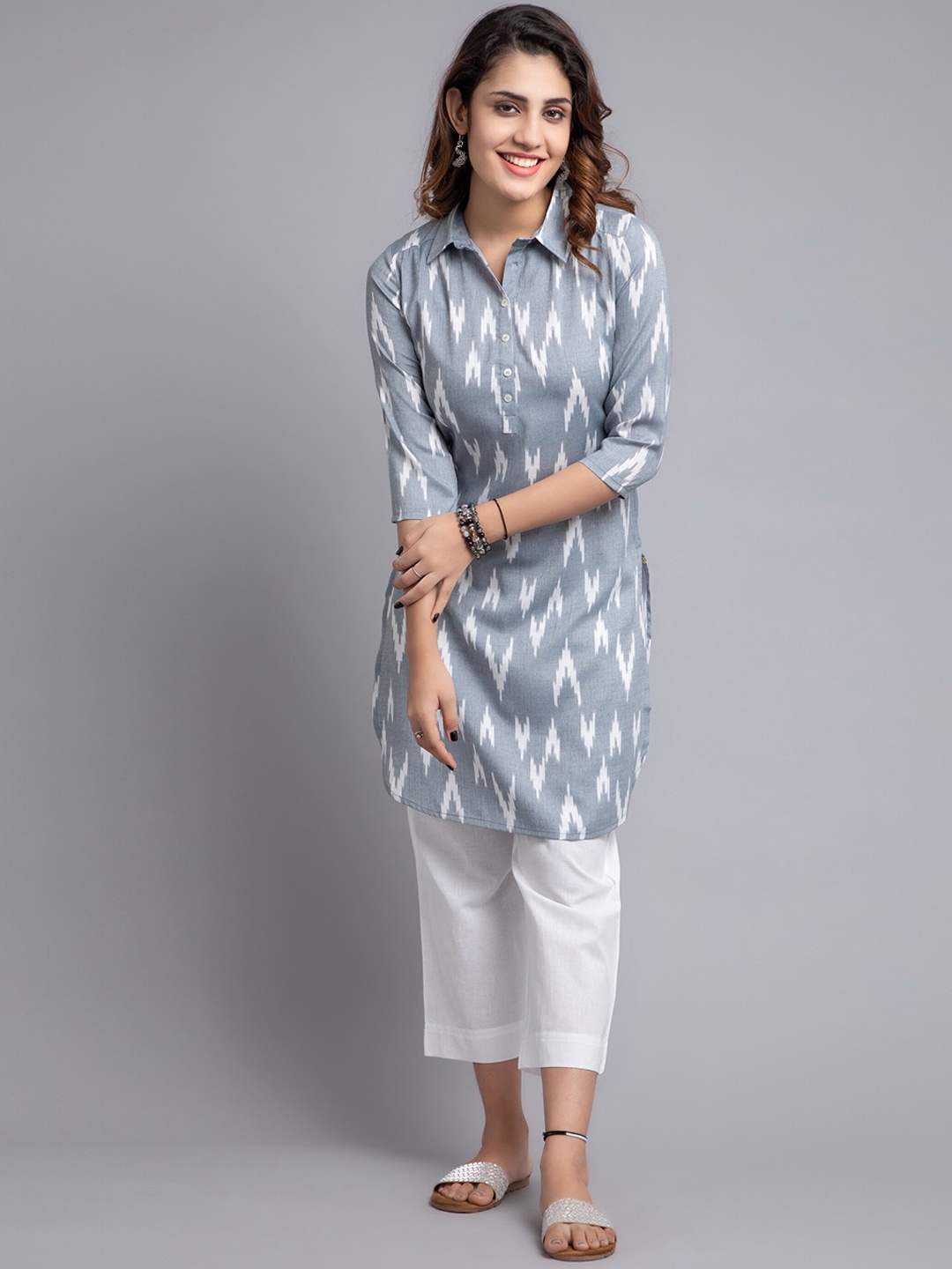 

SUTI Abstract Printed Shirt Collar Kurta, Grey