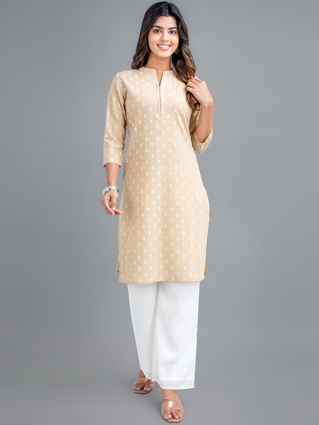 

SUTI Ethnic Motifs Printed Mandarin Collar Cotton Kurta, Beige
