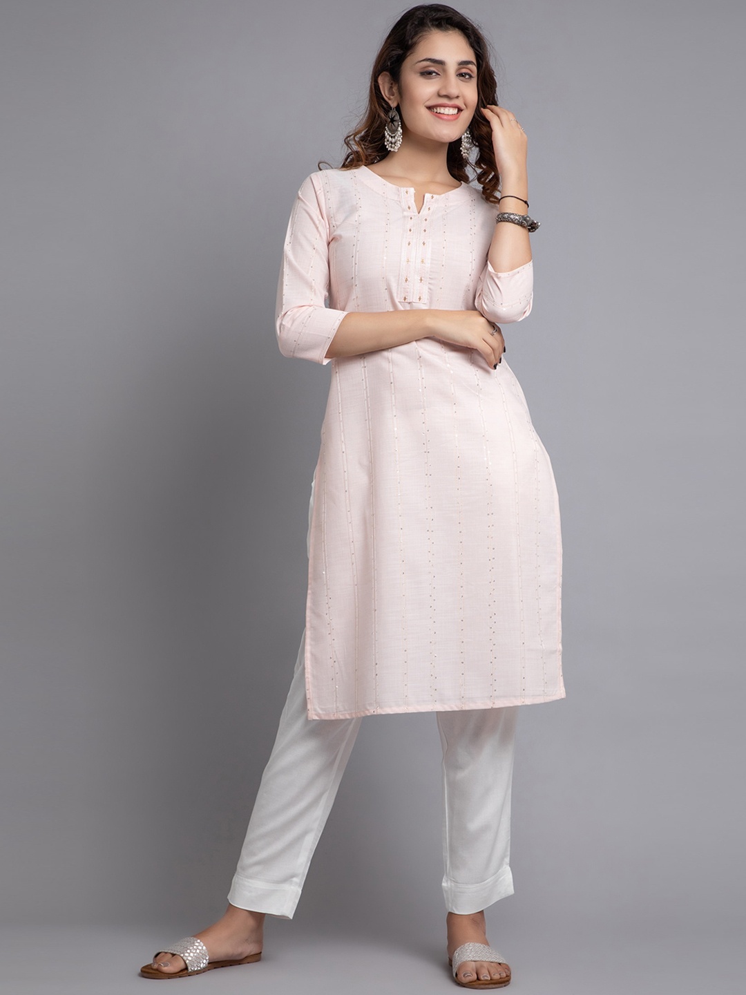 

SUTI Striped Thread Work Sequined Notched Neck Cotton Kurta, Peach